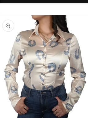 NWT blue b Satin Horseshoe-Print Button-Up Bodysuit - Cream
